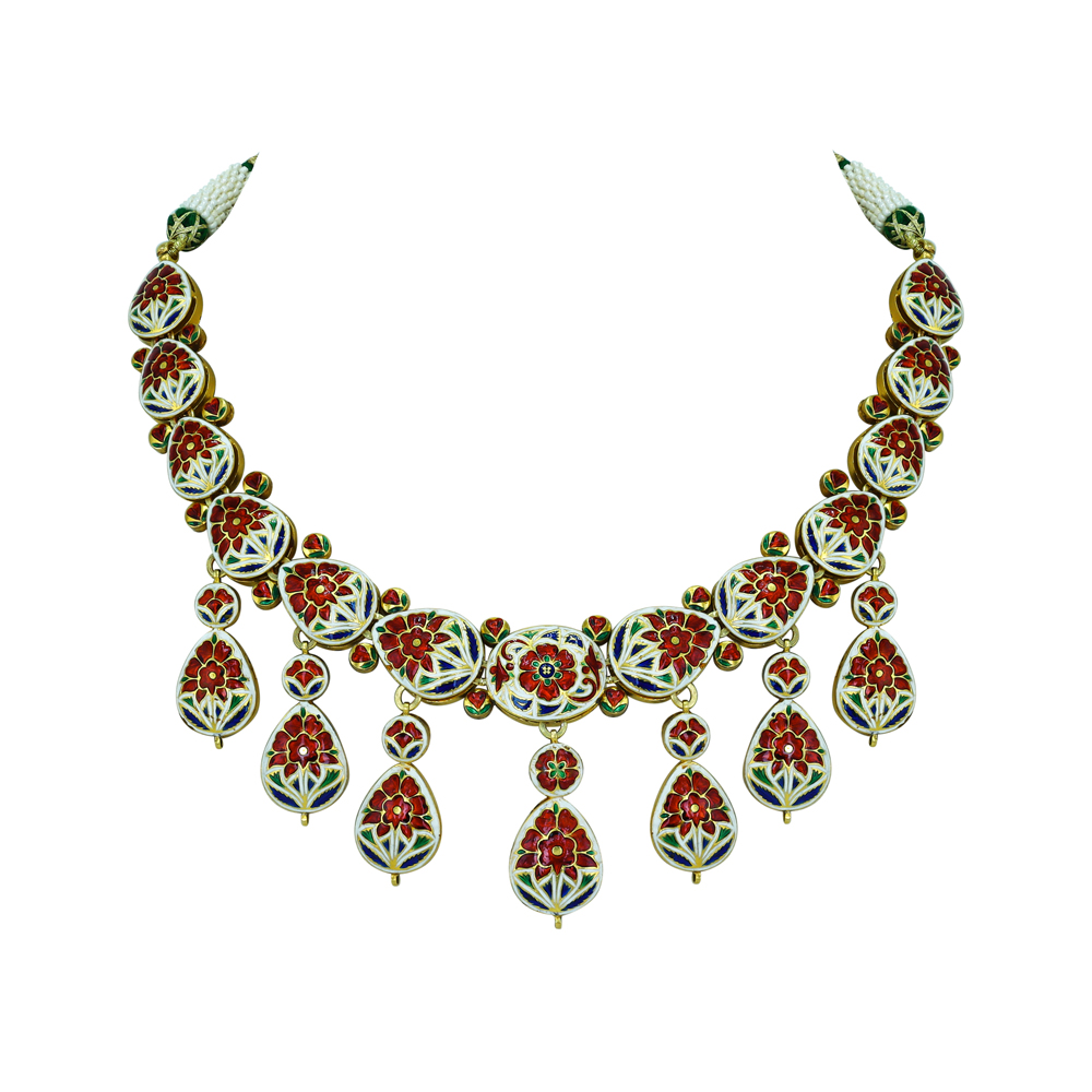 Polki Necklace with Green Enamel Detailing and Bold Design